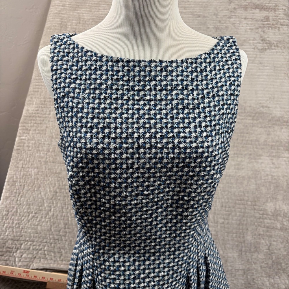 Kate Spade New York Blue White Houndstooth Tweed Fit Flare Dress 6 OUM00078